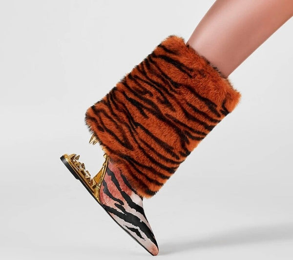 Women Animal Print Platform Wedge Faux Fur Patchwork Ankle Boots