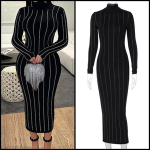 Women Black Bling Striped Full Sleeve Sexy Fashion Maxi Dress