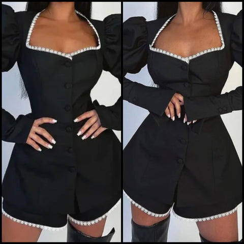 Women Black Rhinestone Full Sleeve Fashion Two Piece Short Set