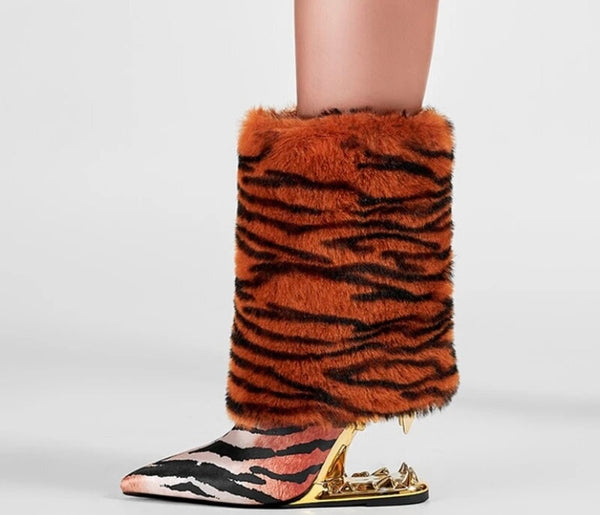 Women Animal Print Platform Wedge Faux Fur Patchwork Ankle Boots