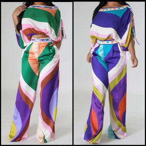Women Fashion Multicolored Short Sleeve Two Piece Pant Set