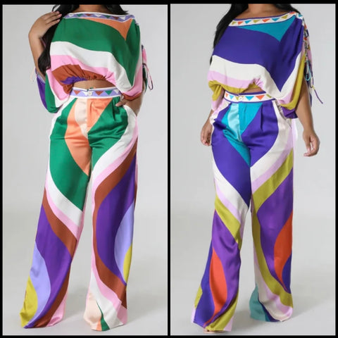 Women Fashion Multicolored Short Sleeve Two Piece Pant Set
