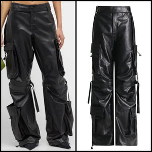 Women Black Fashion Faux Leather Cargo Pants