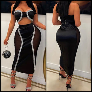 Women Black Bling Strapless Sexy Cut Out Maxi Dress