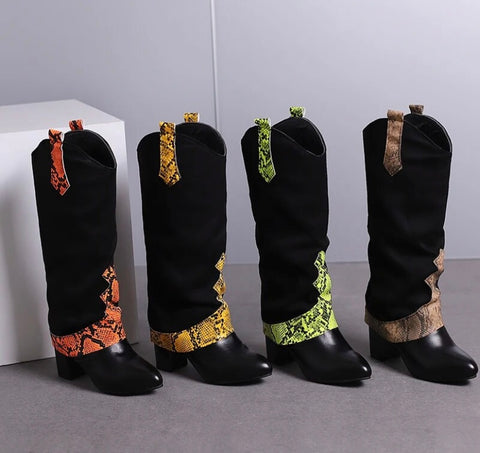 Women Animal Print Patchwork Suede Faux Leather Western Boots