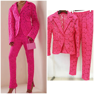 Women Pink Sexy Lace Two Piece Blazer Pant Set