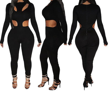 Women Black Full Sleeve Sexy Fashion Cut Out Jumpsuit