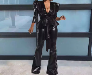 Women Faux Leather Fashion Two Piece Belted Blazer Pant Set