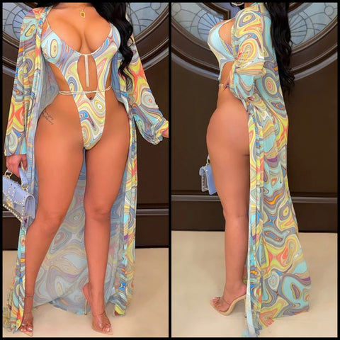 Women Colorful Print Sexy Swimsuit Cover Up Set