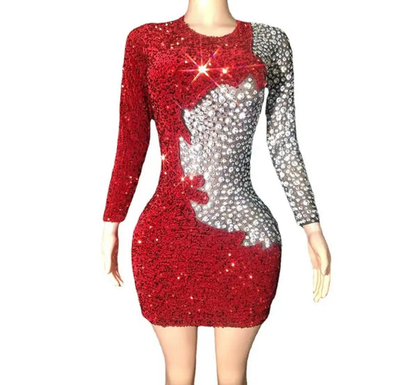 Women Sexy Red Sequins Bling Patchwork Full Sleeve Dress