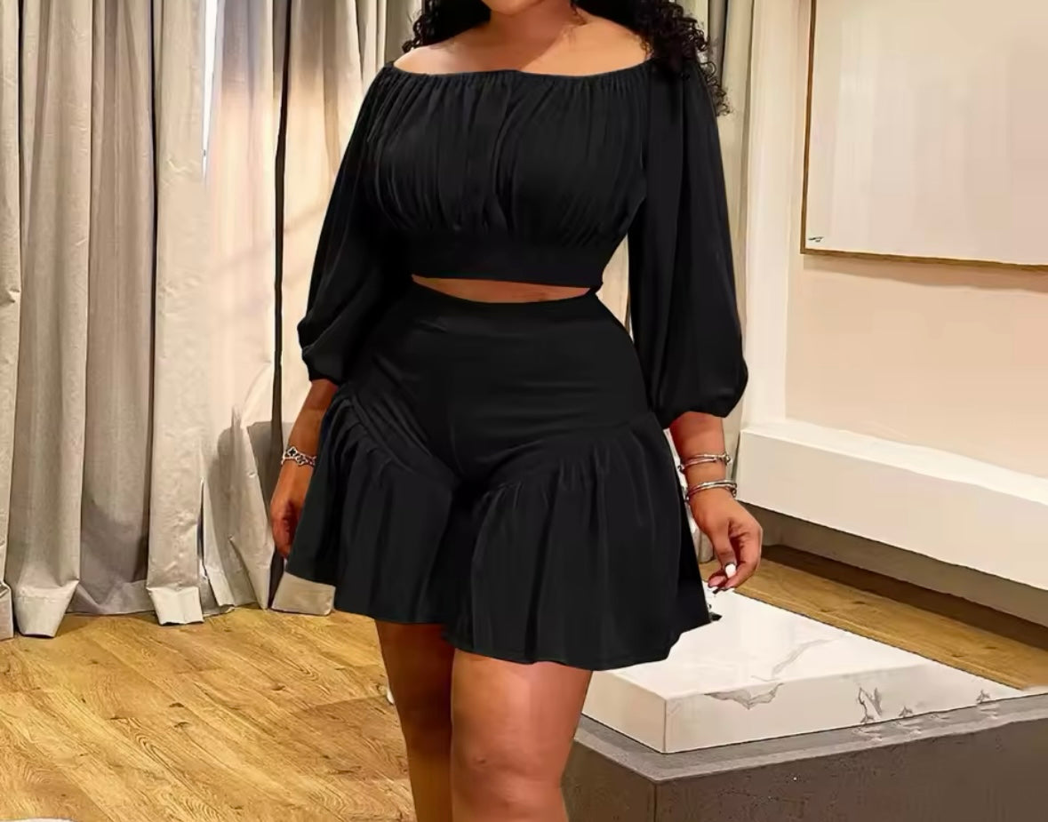 Women Solid Color Off The Shoulder Two Piece Short Set