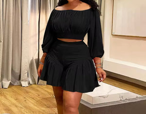 Women Solid Color Off The Shoulder Two Piece Short Set