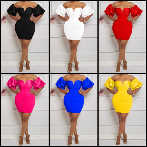 Women Sexy Off The Shoulder V-Neck Short Sleeve Dress