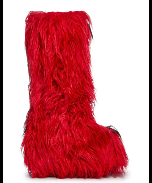Women Fashion Black/Red Faux Fur Platform Knee High Boots