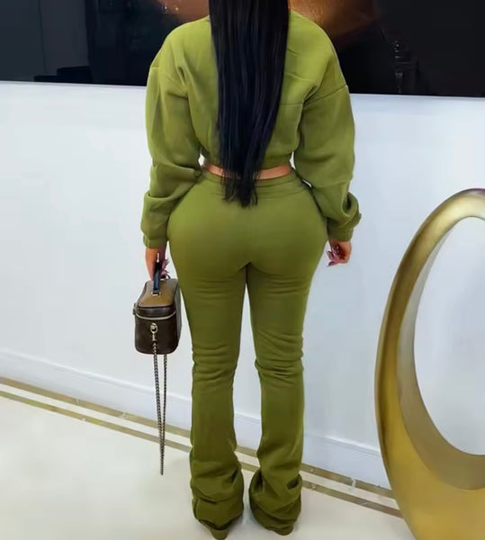 Women Fashion Zip Up Full Sleeve Crop Sweater Two Piece Pant Set