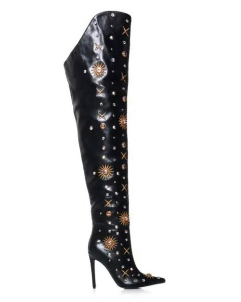 Women Pointed Toe Fashion Faux Leather Rivet Thigh High Boots