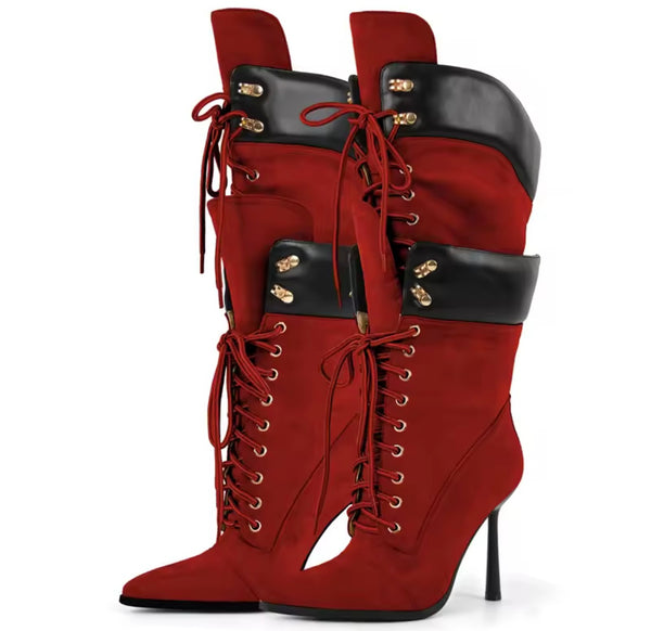 Women Color Suede Tie Up High Heel Knee Length Boots