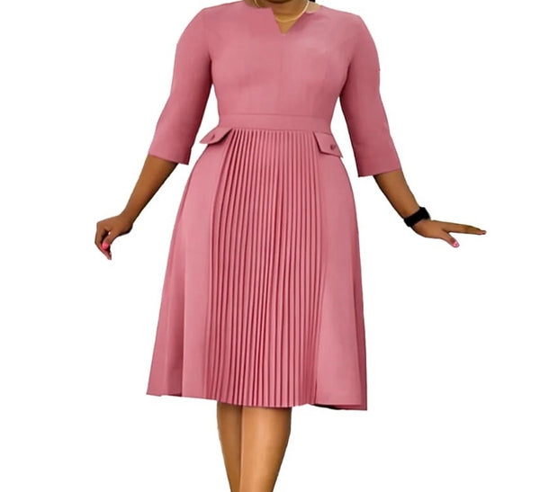 Women Solid Color Full Sleeve Pleated Dress
