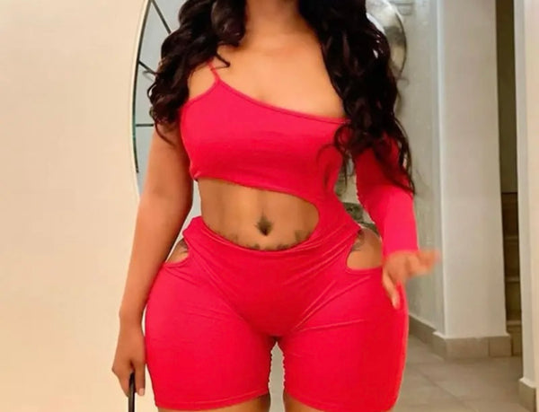 Women Sexy Solid Color One Shoulder Cut Out Romper