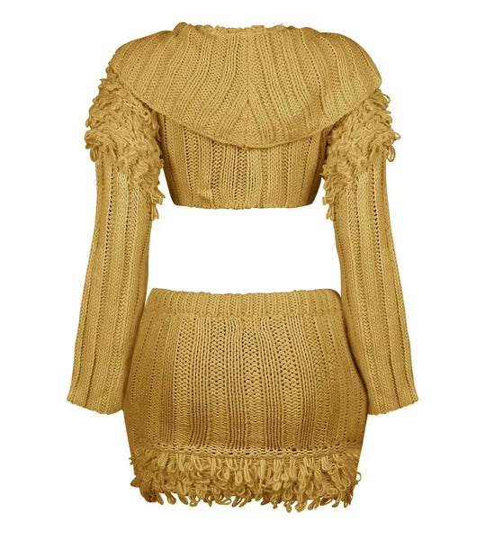 Women Sexy Knitted Fringe Full Sleeve Two Piece Skirt Set