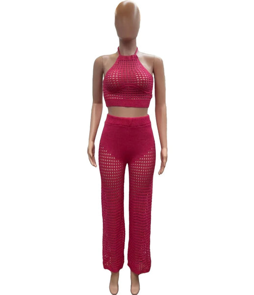 Women Pink Sexy Sleeveless Knitted Two Piece Pant Set