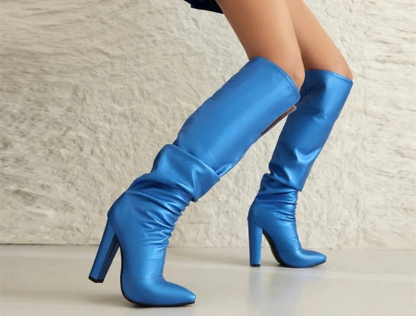 Women Pointed Toe Solid Color Fashion PU Knee High Boots
