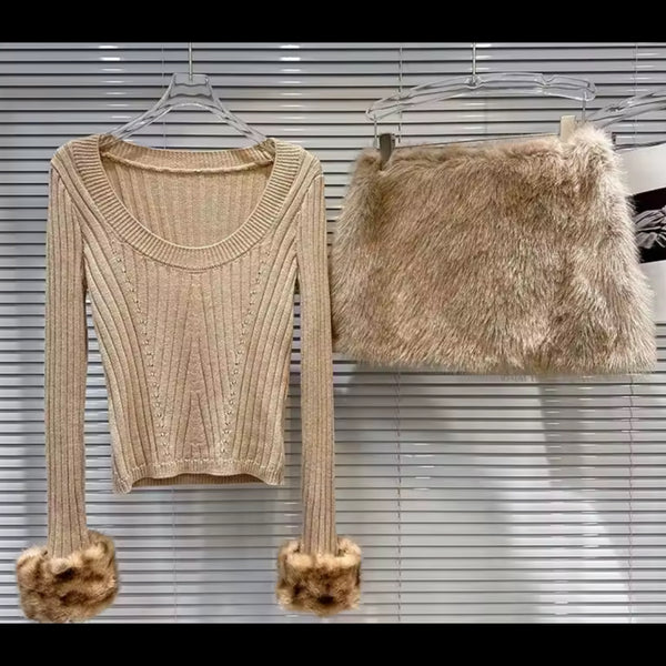Women Sexy Fashion Faux Fur Full Sleeve Two Piece Skirt Set