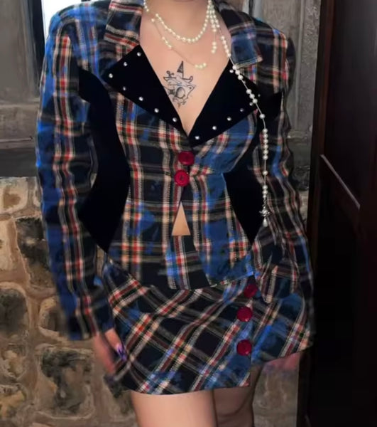 Women Fashion Rivet Collar Plaid Blazer Two Piece Skirt Set
