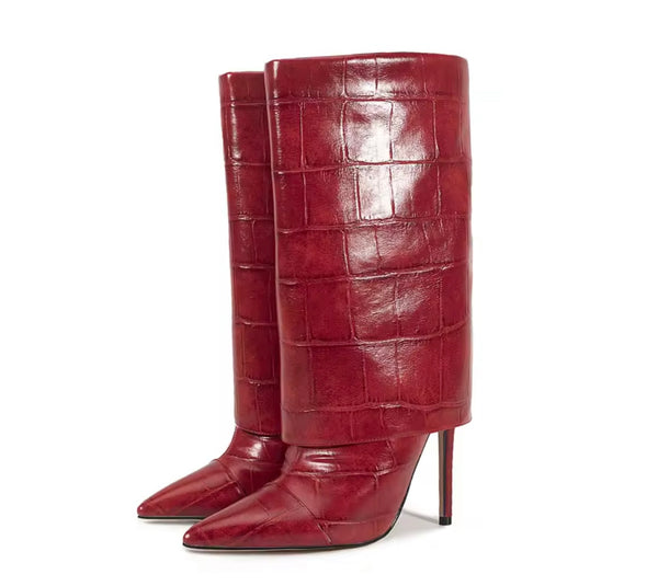 Women Pointed Toe Faux Leather Fashion High Heel Boots