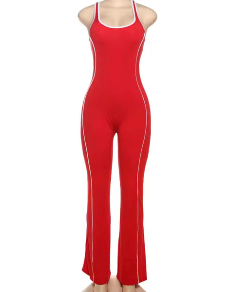 Women Sleeveless Striped Color Open Back Fashion Jumpsuit