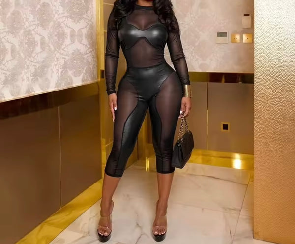 Women Sexy Fashion PU Mesh Patchwork Full Sleeve Capri Jumpsuit