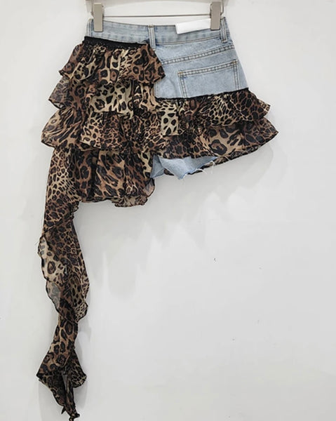 Women Sexy Fashion Leopard Print Asymmetrical Denim Skirt