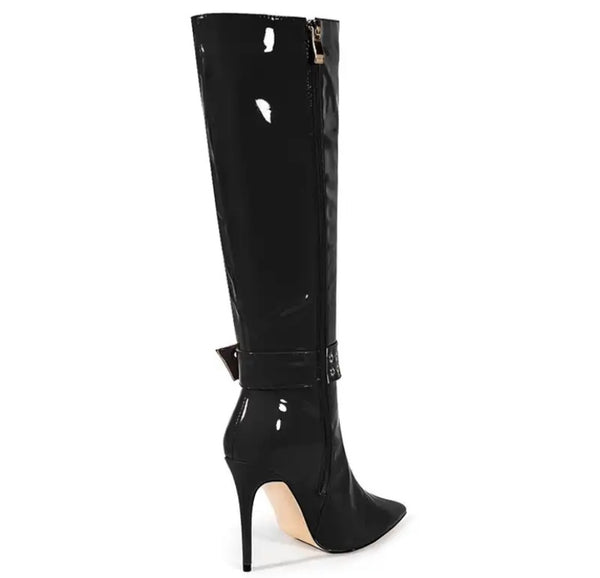 Women Fashion Patent Leather Buckled Knee High Boots