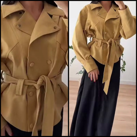 Women Fashion Khaki Belted Blazer Jacket