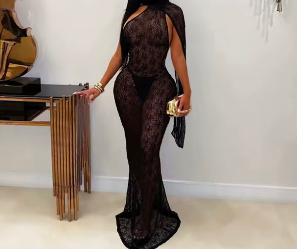 Women Sexy Lace Halter Open Back Sleeveless Maxi Dress