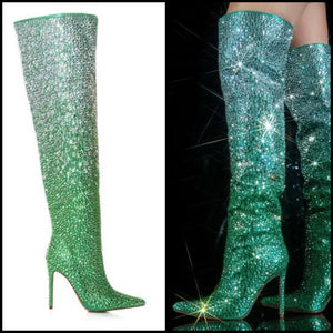 Women Fashion Pointed Toe Bling Gradient Knee High Boots