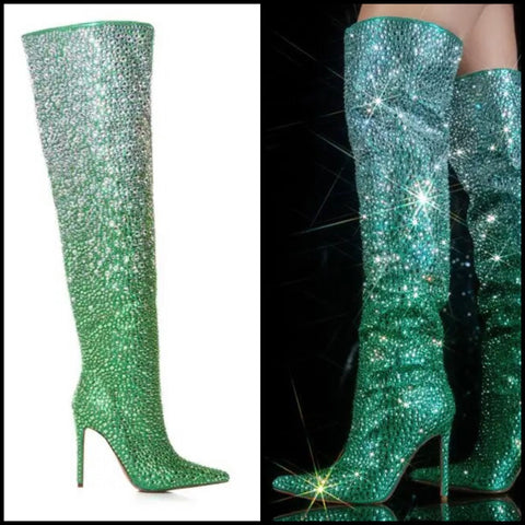 Women Fashion Pointed Toe Bling Gradient Knee High Boots