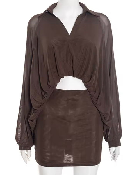 Women Sexy Mesh Full Sleeve Two Piece Skirt Set