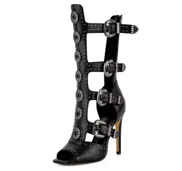 Women Black Rivet Buckled High Heel Knee Length Sandals
