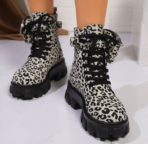 Women Fashion Leopard Print Lace Up Pocket Ankle Boots