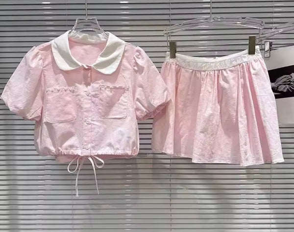 Women Collar Button Up Short Sleeve Sexy Two Piece Skirt Set