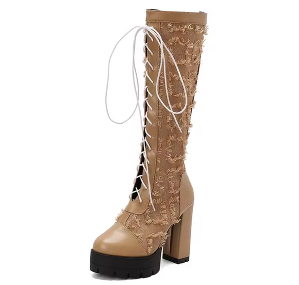 Women Fashion Fringe Lace Up Platform Knee High Boots