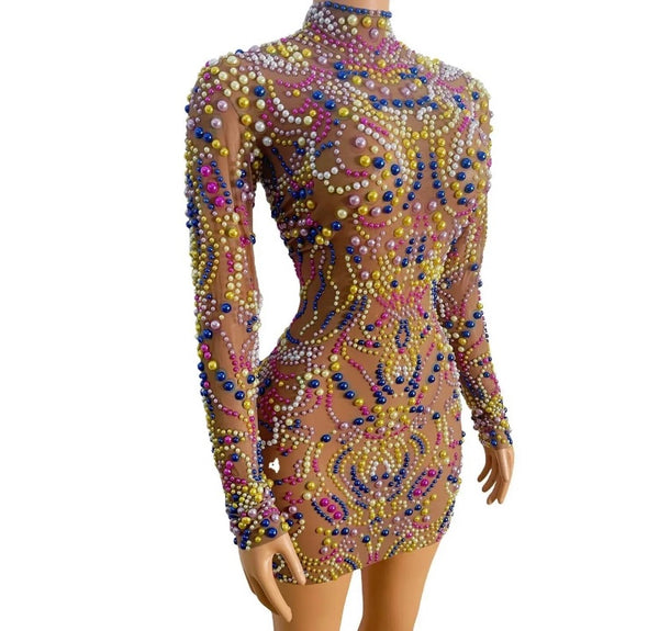 Women Sexy Full Sleeve Colorful Beaded Mesh Dress