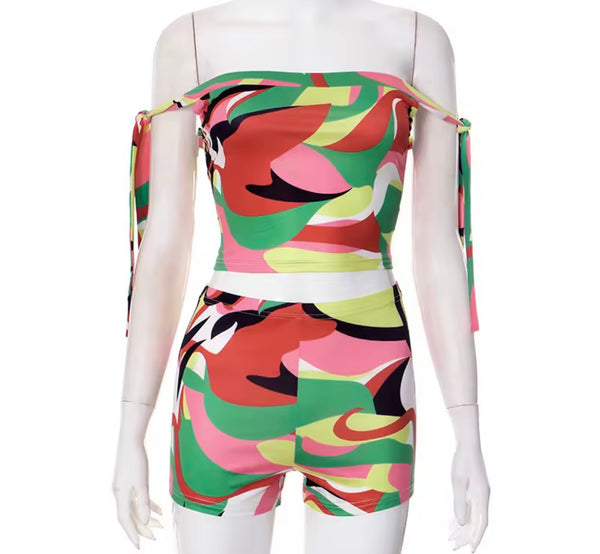 Women Off The Shoulder Sexy Colorful Print Two Piece Short Set