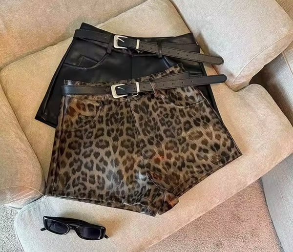 Women Fashion Animal Print PU Shorts