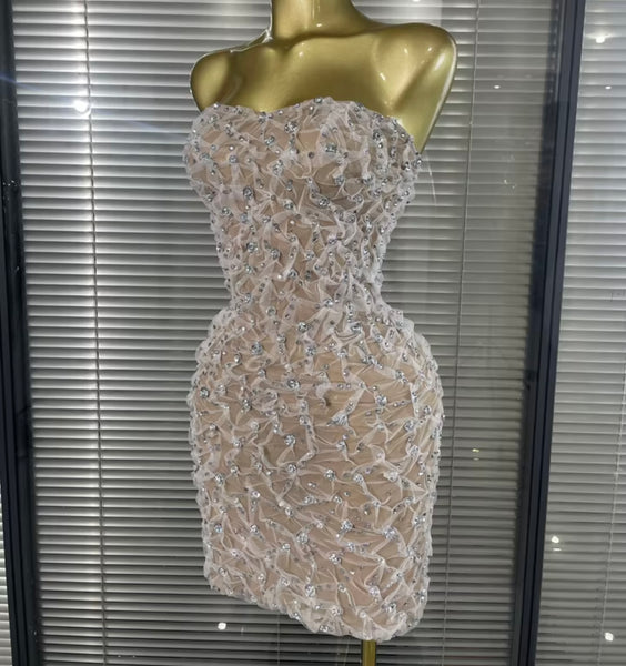 Women Sexy Strapless Rhinestone Mesh Dress