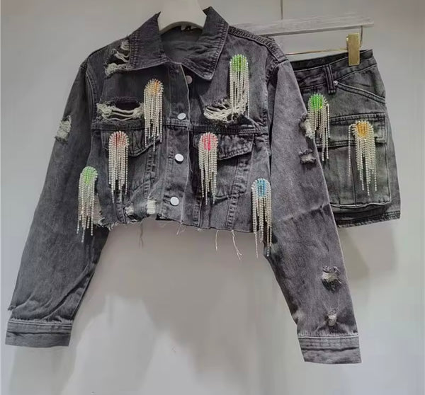 Women Color Crystal Rhinestone Tassel Denim Two Piece Skirt Set