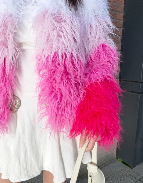 Women Fashion Pink Gradient Faux Fur Jacket