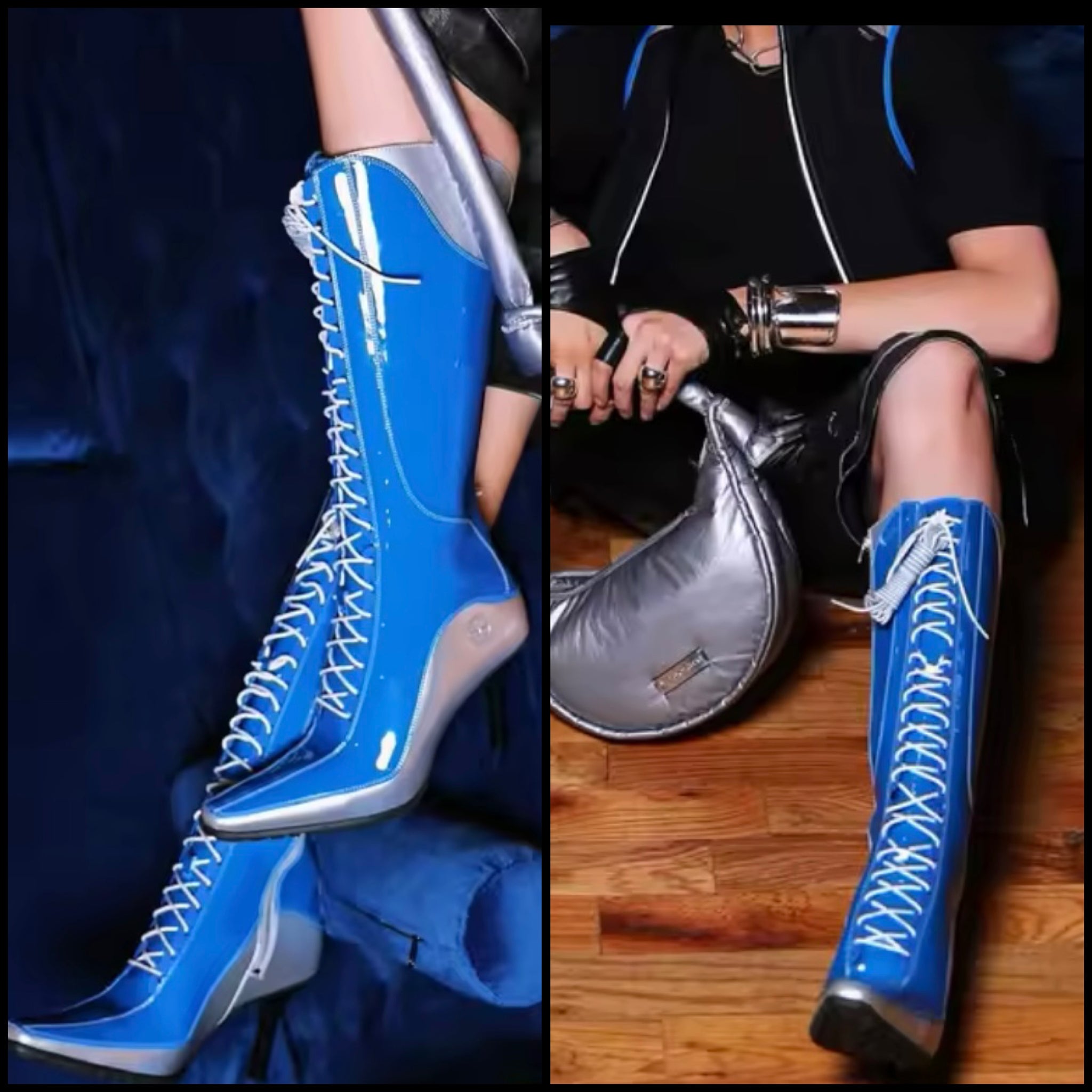 Women Fashion Blue Patent Leather Lace Up Boots