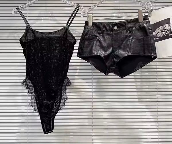Women Black Ruffle Mesh Bodysuit Two Piece Short Set